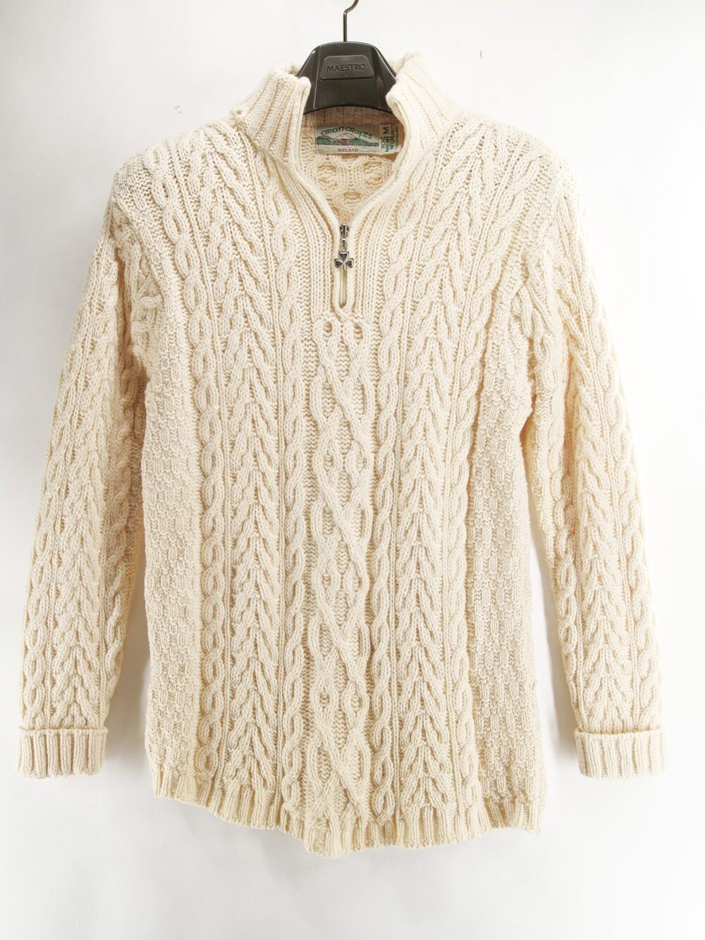 Arancrafts Unisex M Cream Cable Knit 1/4 Zip Sweater Merino Wool Ireland